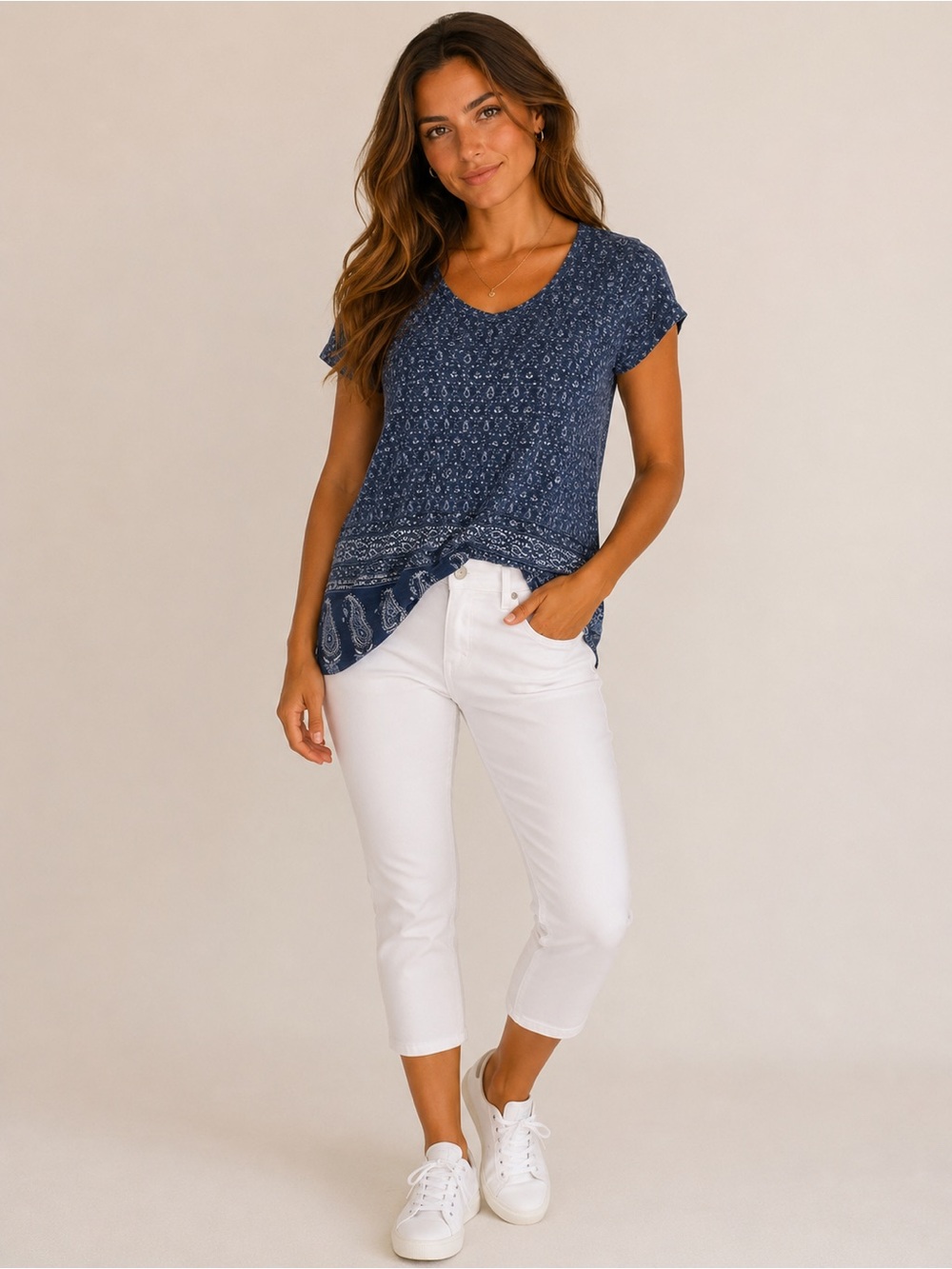 NWT Lucky Brand Navy Paisley Short-Sleeve Scoop Neck Tee